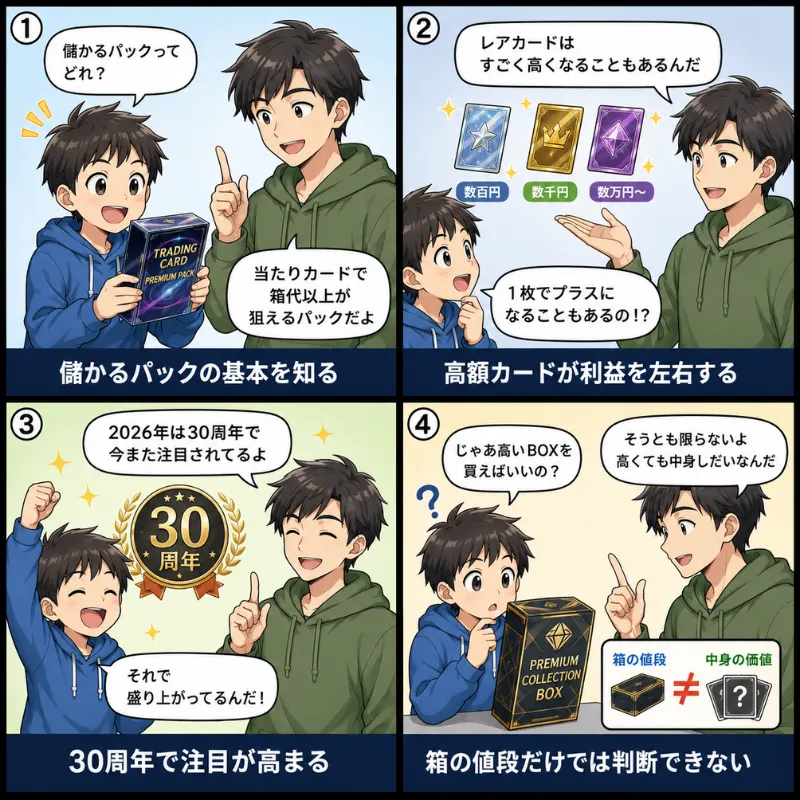 ポケモンカードの儲かるパックとは何かを解説した4コマ漫画