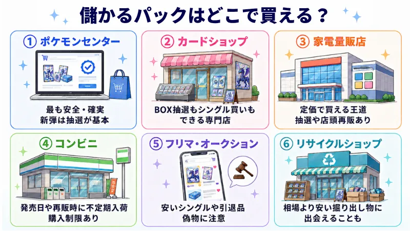 ポケモンカードの儲かるパックの仕入れ先6つをまとめた図解