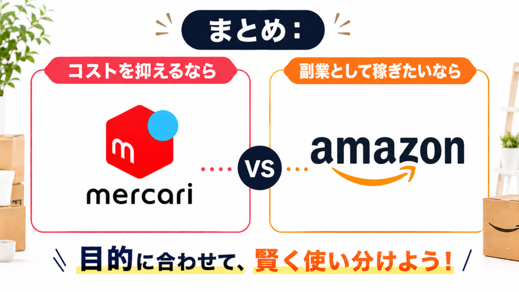 まとめ:
コストを抑えるなら、メルカリ。
副業として稼ぎたいなら、Amazon。
目的に合わせて、賢く使い分けよう