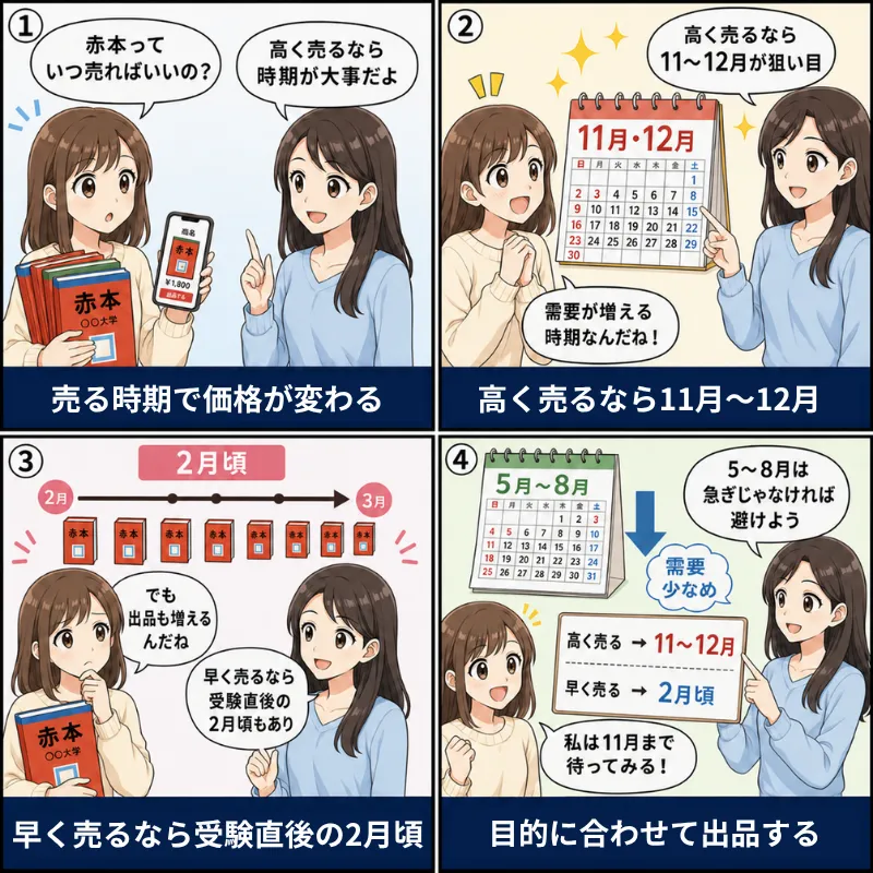 メルカリで赤本が売れる時期を解説する4コマ漫画