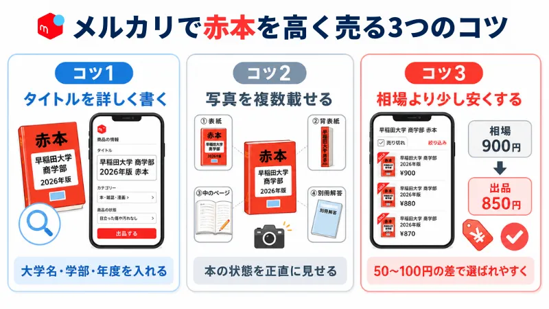 赤本を高く売るための3つのコツをまとめた図解