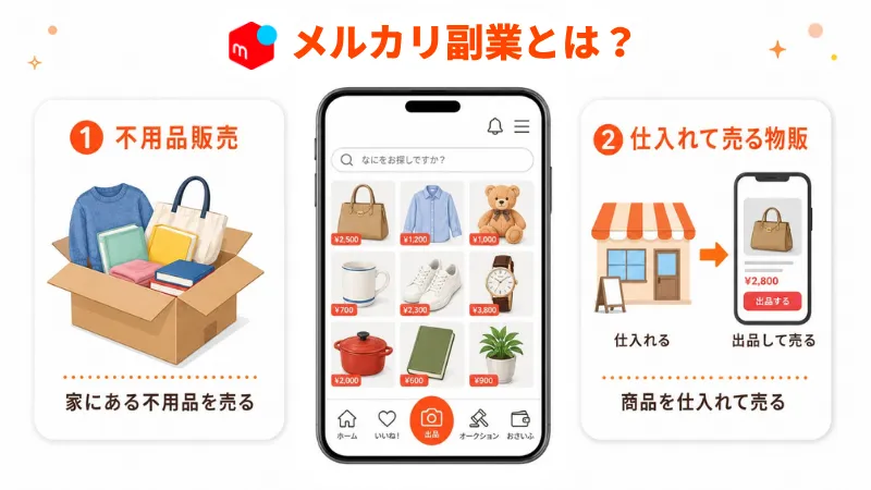 メルカリの不用品販売と仕入れて売る物販の違いを示した図解