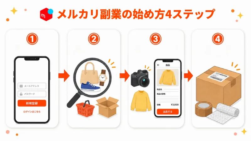 メルカリ副業の始め方4ステップを示した図解