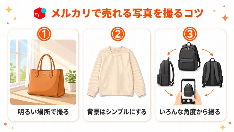 メルカリで売れる写真を撮る3つのコツの図解