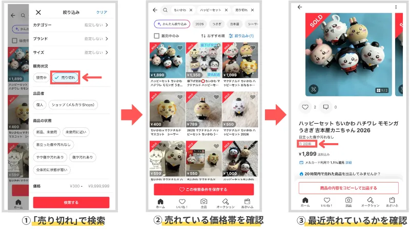 メルカリアプリで売り切れ商品を検索する画面のスクリーンショット