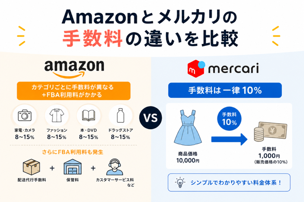 Amazonとメルカリの手数料の違いを示す比較図