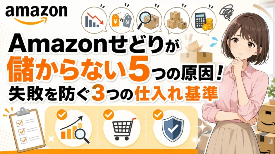 Amazonせどりが儲からない原因を考える女性のイラスト