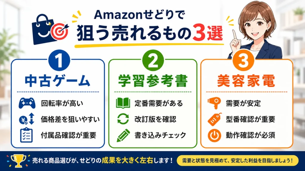 Amazonせどりで狙う売れるもの3選の図解