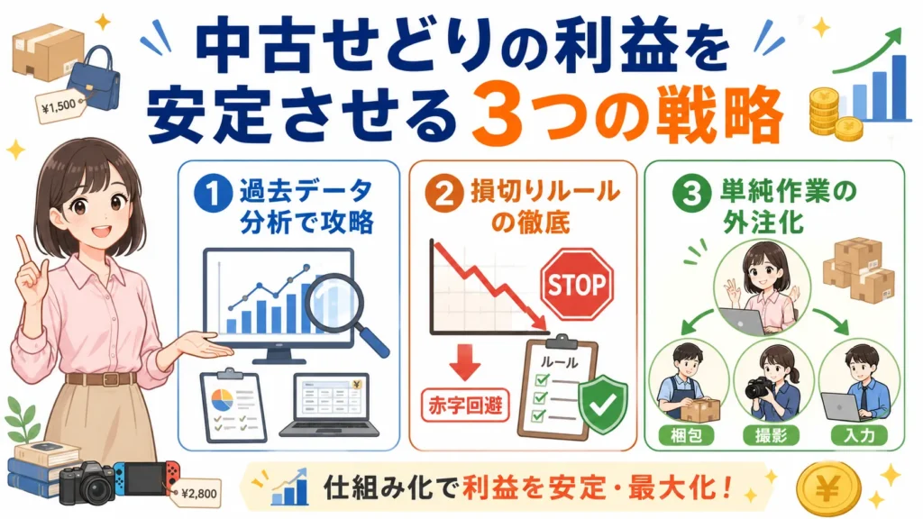 中古せどりの利益を安定させる3つの戦略を示す図