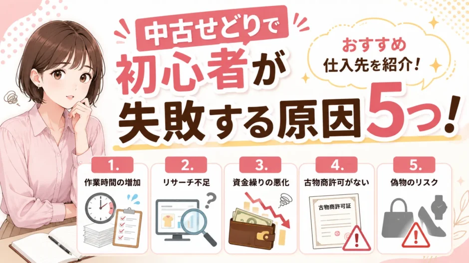 中古せどりで初心者が失敗する5つの原因を解説する図
