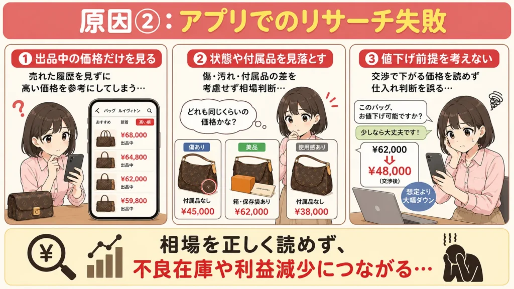 中古せどりのアプリリサーチ失敗例を示す図解