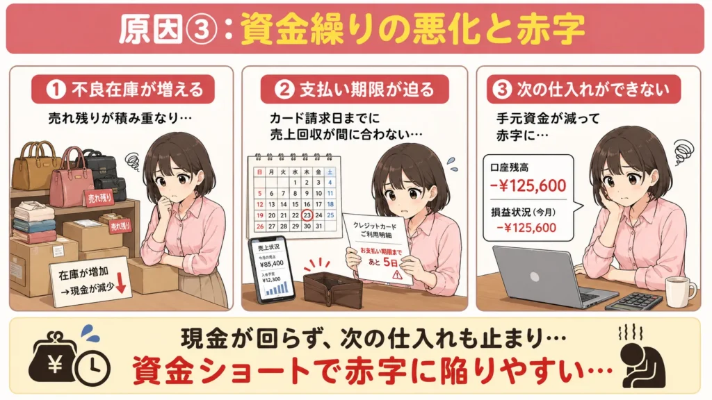 中古せどりで資金繰りが悪化する流れを示す図解