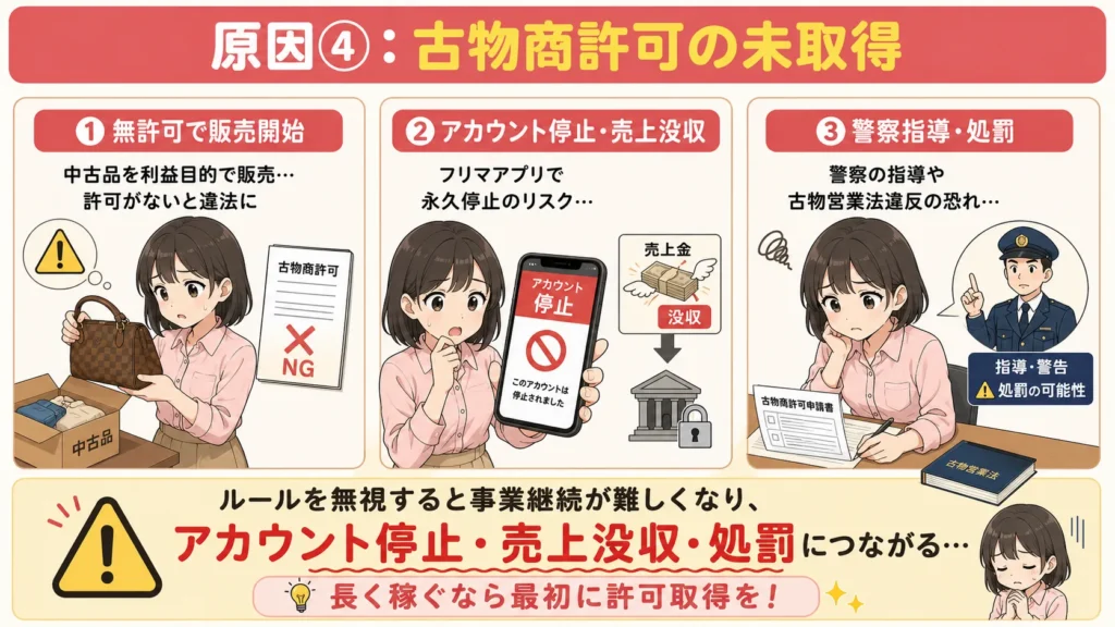 中古せどりで古物商許可がない場合のリスクを示す図