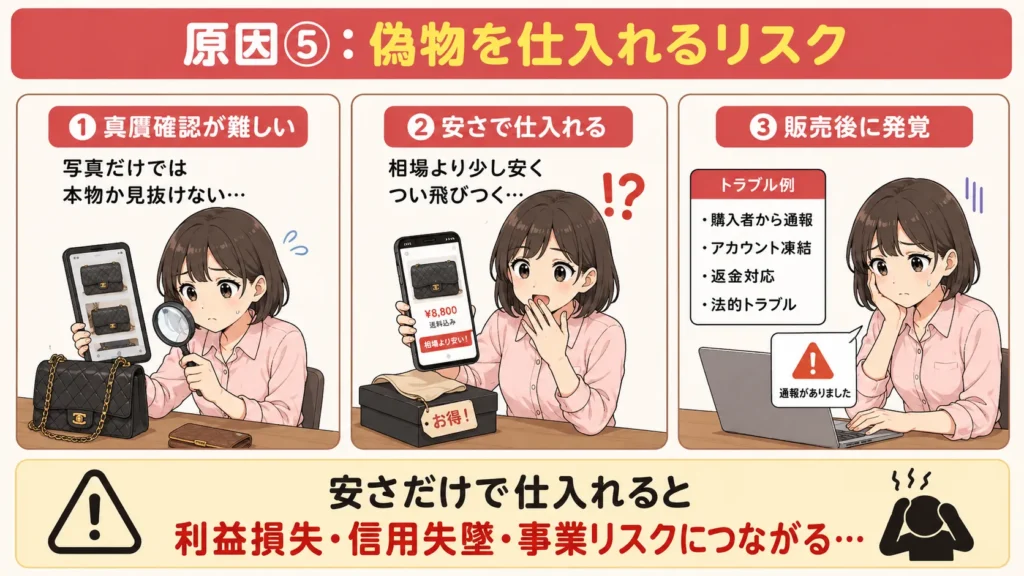 中古せどりで偽物を仕入れるリスクを示す図解