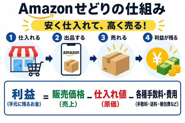 Amazonせどりの仕組みみついて利益が残る流れを示した図。