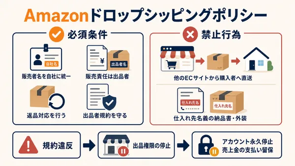 Amazonドロップシッピングの必須条件と禁止行為、規約違反によるアカウント停止のリスクを示した図解