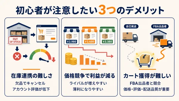Amazonドロップシッピングのメリットとして、在庫リスクの軽減、発送作業の削減、初期費用の抑制を示した図解