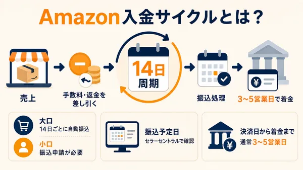 Amazonの売上から手数料や返金を差し引き、14日周期で振込処理を行う流れと、着金までの日数を示した図解