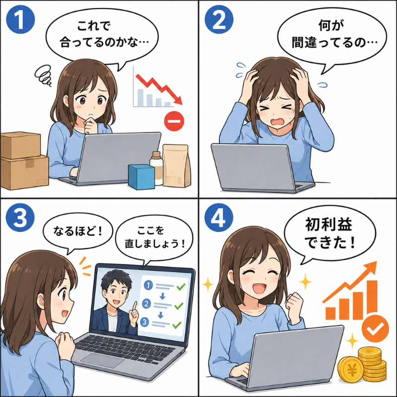独学での挫折からスクール受講で成果を出す4コマ