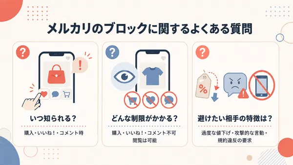 メルカリのブロックで逆恨みされたときの対処法として、冷静なメッセージ対応、公式への通報、法的措置の検討を示した図解