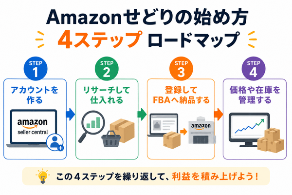 Amazonせどりを始める流れを4ステップで示した図。