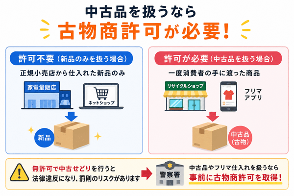 中古品やフリマ仕入れでは古物商許可が必要であることを示した図。