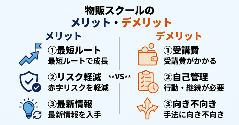 物販スクールを利用するメリット・デメリット図解