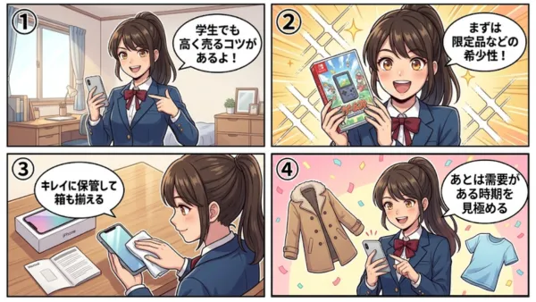 メルカリで高く売れる商品の特徴3つ(希少性・状態・出品時期)を解説するイラスト