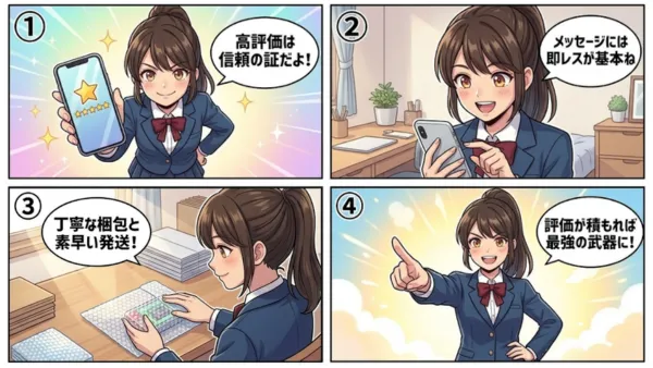 メルカリで高評価を集めてアカウント信頼度を上げる方法を解説するイラスト