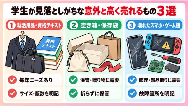 学生が見落としがちな意外と高く売れるもの3選を示した図解