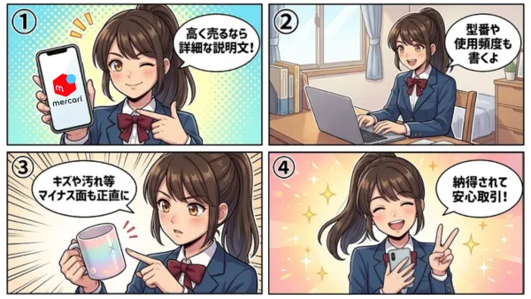 メルカリで高く売るための商品説明文の書き方を解説するイラスト