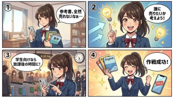 メルカリで商品が売れやすい出品時間帯の工夫を解説するイラスト