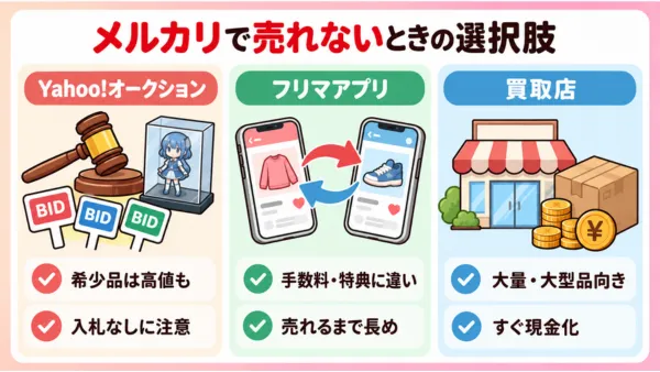 メルカリで売れないときに利用できる3つの売却先を示した図解