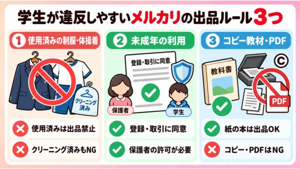 学生が違反しやすいメルカリの出品ルール3つを示した図解