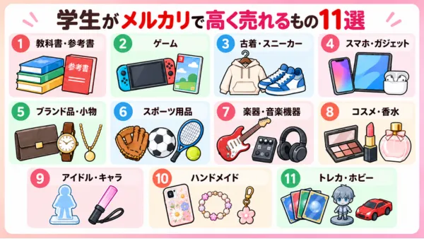 学生の持ち物でメルカリで高く売れる11ジャンルの一覧図解