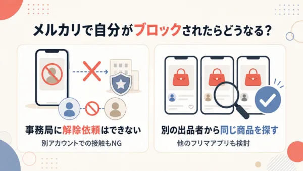 メルカリでブロックされた際の制限と、別の出品者を探す対処法を示した図解