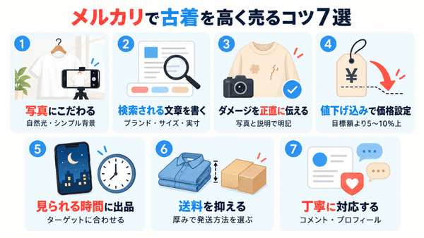 古着を高く売るため、写真・説明文・価格・出品時間・送料・対応などを整える