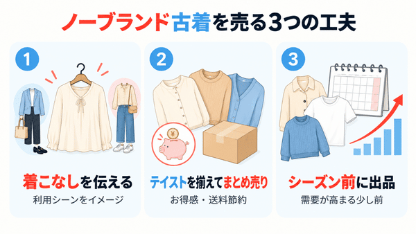 ノーブランド古着は、着こなしの提案、まとめ売り、季節前の出品で魅力を伝える