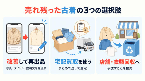 売れ残った古着には、改善して再出品、宅配買取、店舗や衣類回収の選択肢がある