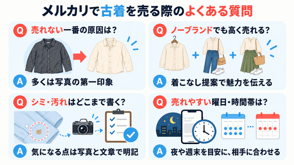 古着販売でよくある、写真、ノーブランド品、汚れの説明、出品時間の疑問と答え