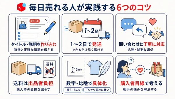メルカリで商品を売るために実践したい6つのコツをまとめた図解
