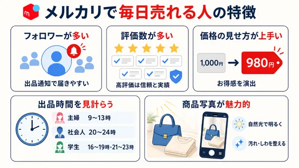 メルカリで毎日売れる人に共通する5つの特徴をまとめた図解