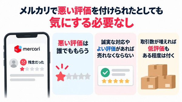 スマホに「残念だった」と星1つの評価を表示し、悪い評価を気にしすぎなくてよい理由を3つのパネルで示す図解